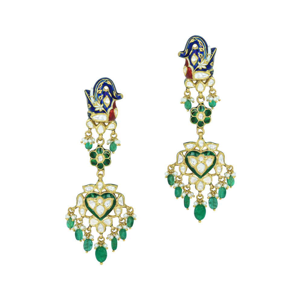 Earrings with Blue Enamel, Polki, and Emerald Drops